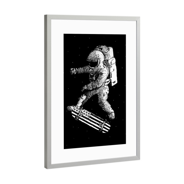 Poster mit Rahmen Silber "Kickflip in space" artboxONE - Galaxy - Kickflip,Space,Galaxy,Astronaut