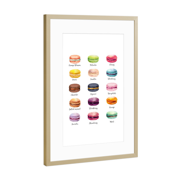 Poster mit Rahmen Gold "Macarons" artboxONE - Typografie,Reise,Essen & Trinken