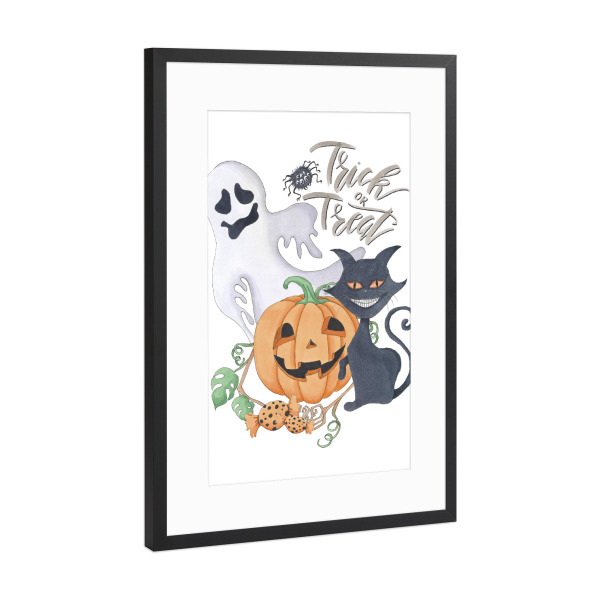 Poster mit Rahmen Schwarz (Metallic) "Trick Or Treat" artboxONE - Typografie,Natur,Tiere,Comic,Essen & Trinken / Obst & Gemüse