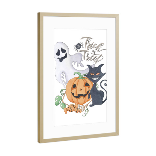 Poster mit Rahmen Gold "Trick Or Treat" artboxONE - Typografie,Natur,Tiere,Comic,Essen & Trinken / Obst & Gemüse