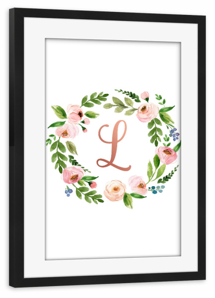 Poster mit Rahmen schwarz "Initial Letter L Rose Gold" artboxONE - Typografie,Floral,Für Kinder