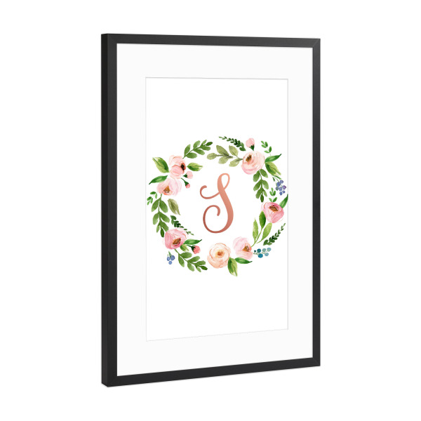 Poster mit Rahmen Schwarz (Metallic) "Initial Letter S Rose Gold" artboxONE - Typografie,Floral,Für Kinder