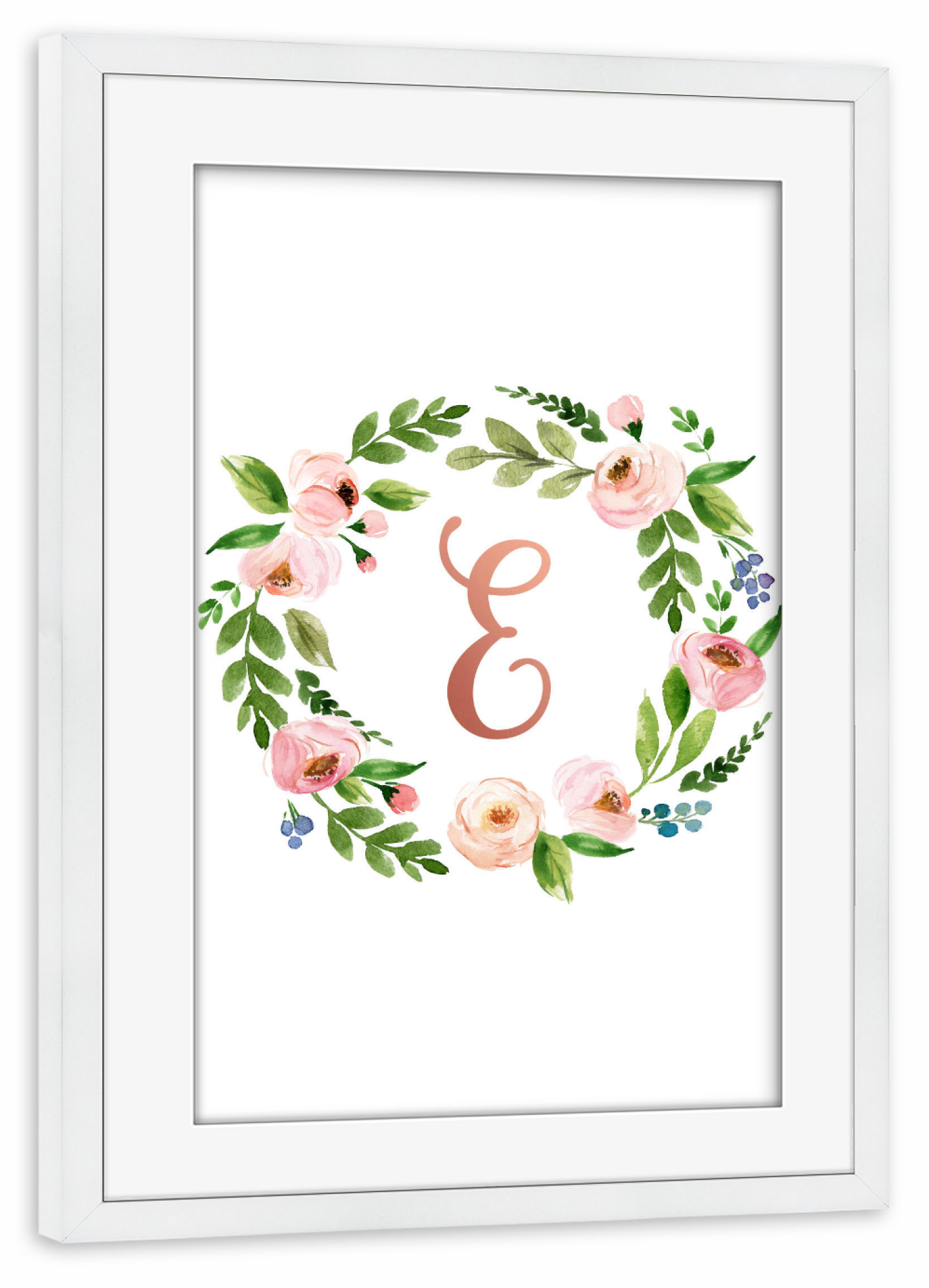 Poster mit Rahmen weiß "Initial Letter E Rose Gold" artboxONE - Typografie,Floral,Für Kinder