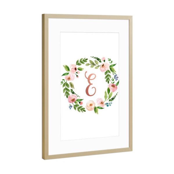 Poster mit Rahmen Gold "Initial Letter E Rose Gold" artboxONE - Typografie,Floral,Für Kinder