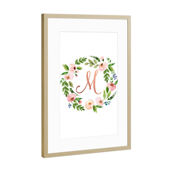 Poster mit Rahmen Gold "Initial Letter M Rose Gold" artboxONE - Typografie,Floral,Für Kinder