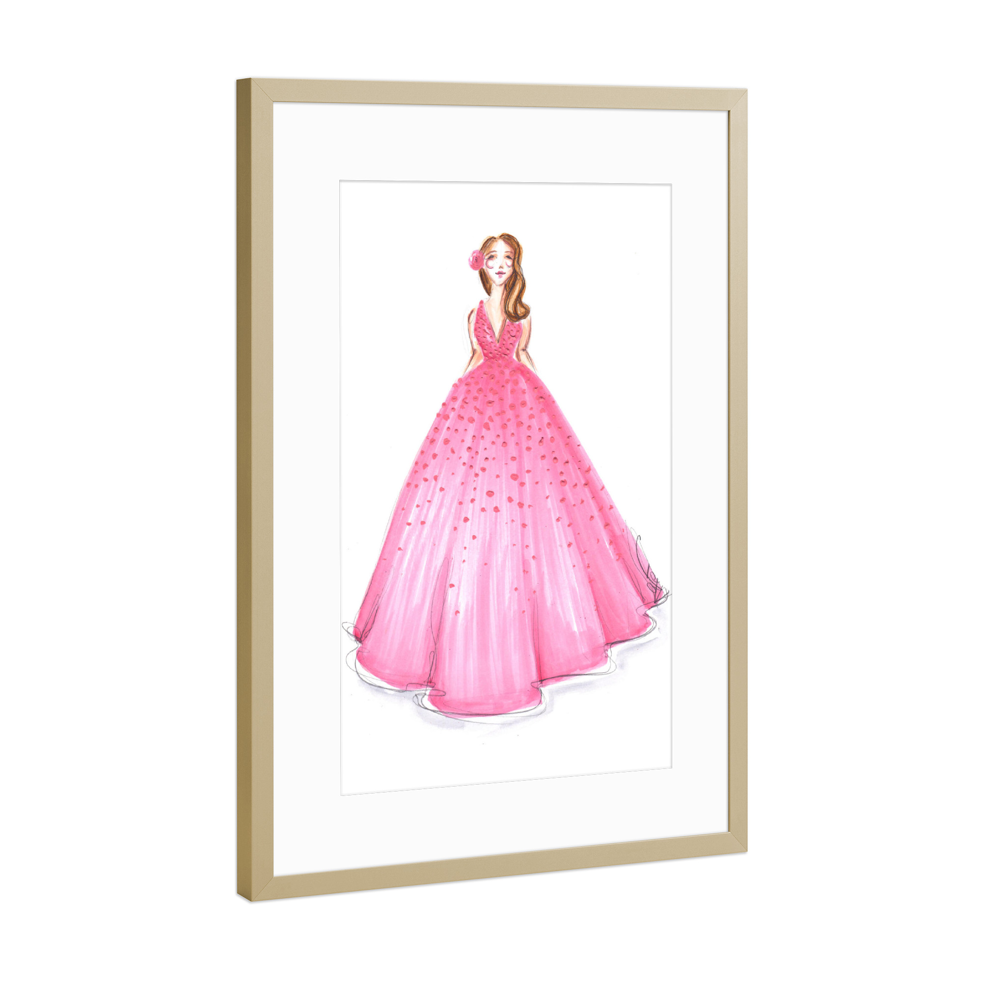 Poster mit Rahmen Gold "Girl in Pink Dress" artboxONE - Fashion - Mode,Mode,Mode illustration,Rosa,Madchen,Mädchen,Dress,Kleid