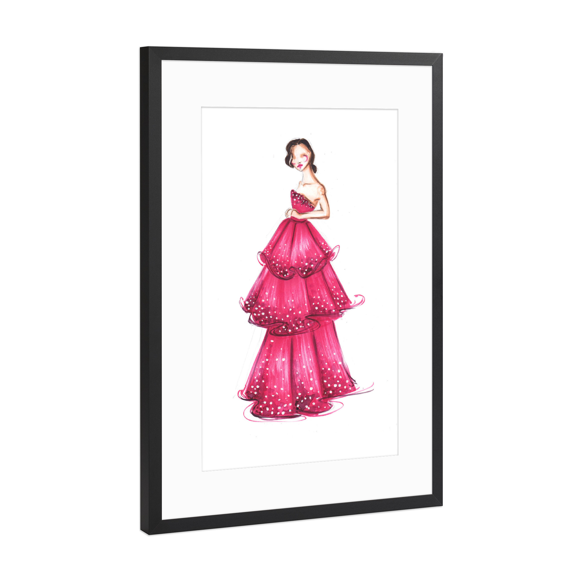 Poster mit Rahmen Schwarz (Metallic) "Girl in Magenta Gown" artboxONE - Fashion - Mode,Mode illustration,Rosa,Mode,Mode kunst,Dress,Kleid