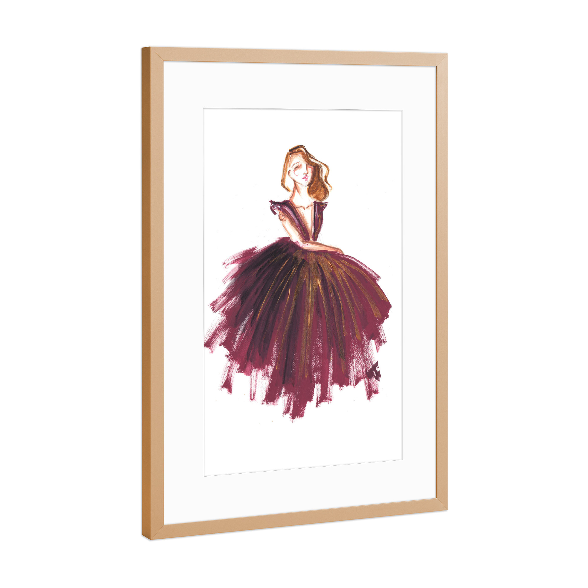 Poster mit Rahmen Kupfer "Burgundy gown" artboxONE - Fashion - Burgund,Mode,Mode illustration,Mode,Mode kunst,Dress,Kleid
