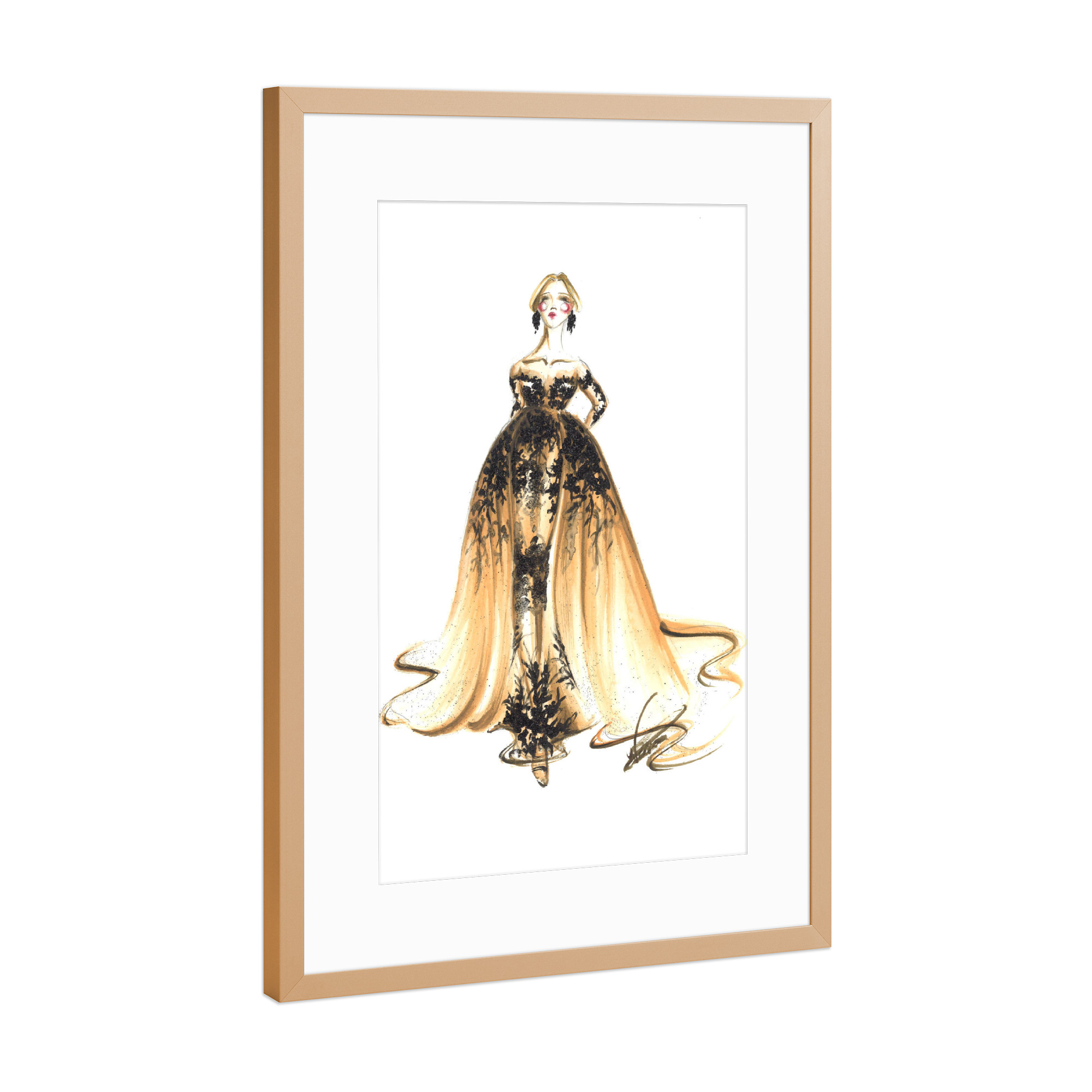 Poster mit Rahmen Kupfer "Beige and Black dress" artboxONE - Fashion - Mode,Mode,Haute couture,Illustration,Mode illustration,Kleid,Dress