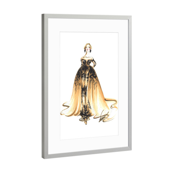 Poster mit Rahmen Silber "Beige and Black dress" artboxONE - Fashion - Mode,Mode,Haute couture,Illustration,Mode illustration,Kleid,Dress
