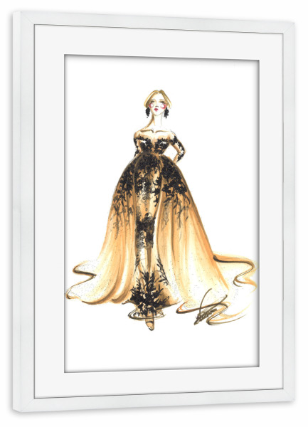 Poster mit Rahmen weiß "Beige and Black dress" artboxONE - Fashion - Mode,Mode,Haute couture,Illustration,Mode illustration,Kleid,Dress