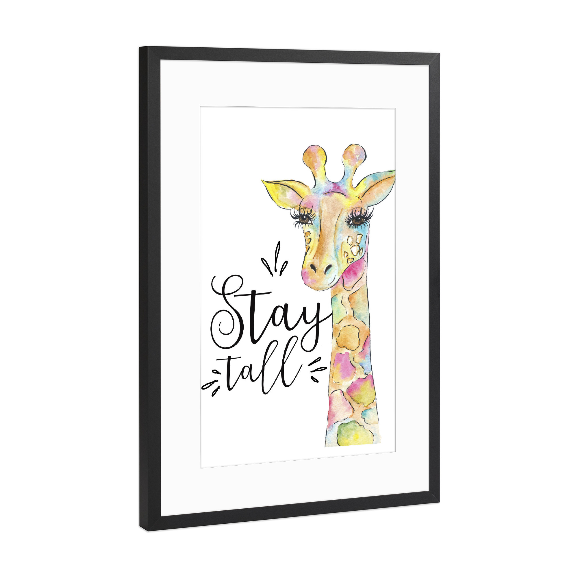 Poster mit Rahmen Schwarz (Metallic) "Stay Tall Quote Giraffe Painting Animal Wall Art Decor Kids Art" artboxONE - Für Kinder,Tiere,Schwarzweiß