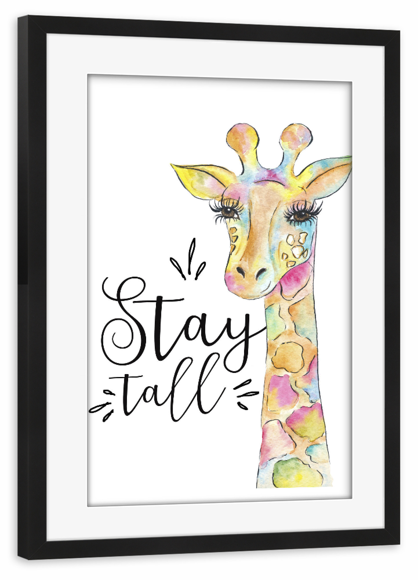 Poster mit Rahmen schwarz "Stay Tall Quote Giraffe Painting Animal Wall Art Decor Kids Art" artboxONE - Für Kinder,Tiere,Schwarzweiß