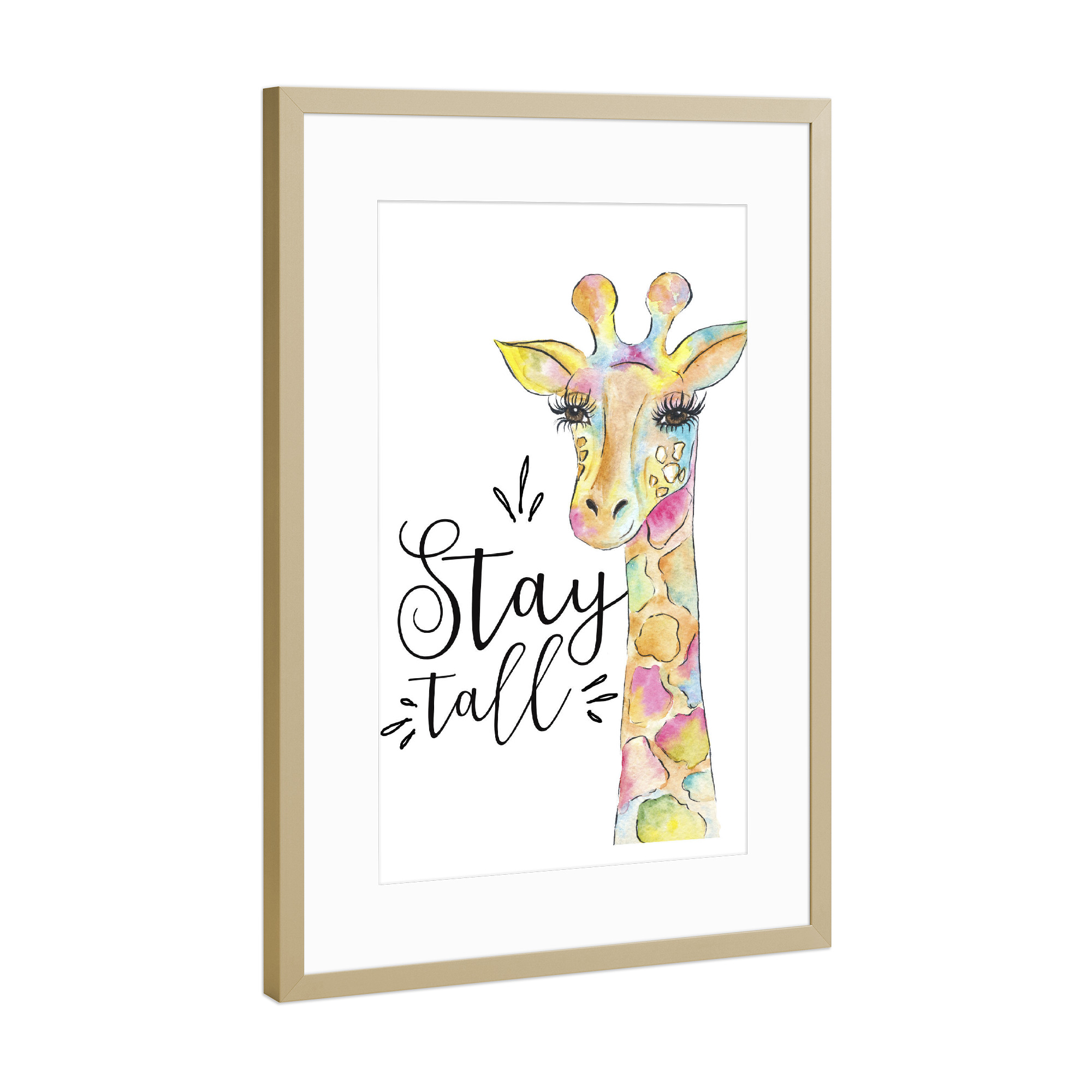 Poster mit Rahmen Gold "Stay Tall Quote Giraffe Painting Animal Wall Art Decor Kids Art" artboxONE - Für Kinder,Tiere,Schwarzweiß