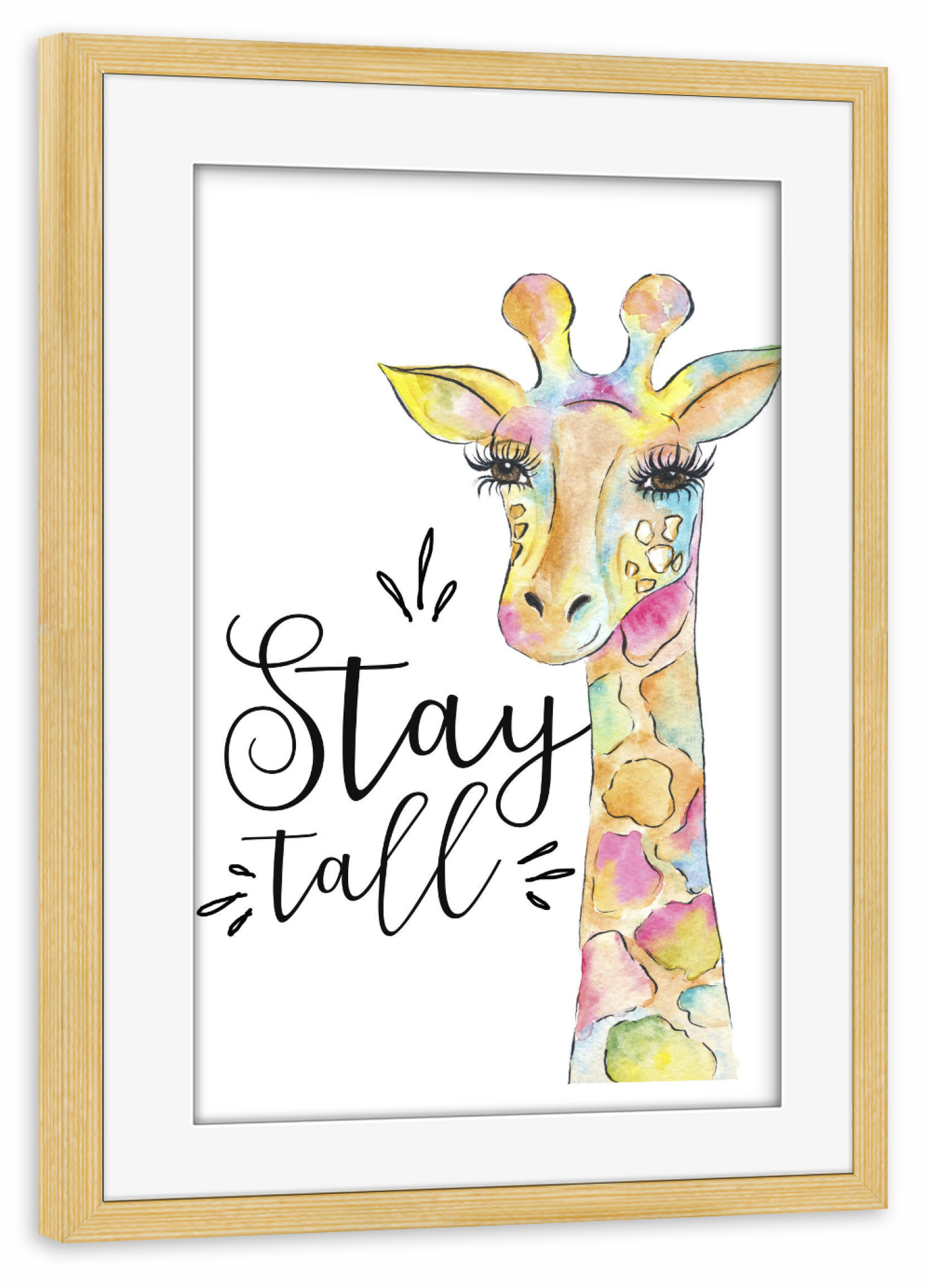 Poster mit Rahmen kiefer "Stay Tall Quote Giraffe Painting Animal Wall Art Decor Kids Art" artboxONE - Für Kinder,Tiere,Schwarzweiß