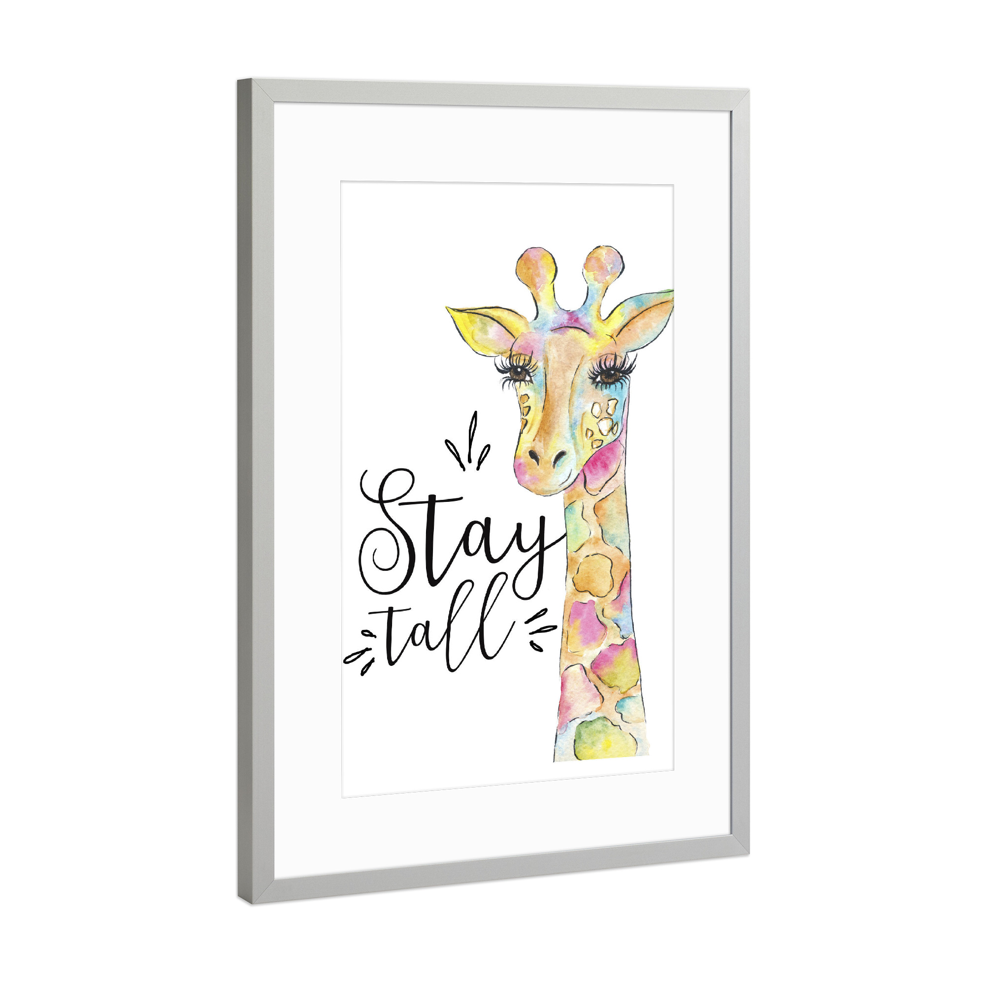 Poster mit Rahmen Silber "Stay Tall Quote Giraffe Painting Animal Wall Art Decor Kids Art" artboxONE - Für Kinder,Tiere,Schwarzweiß