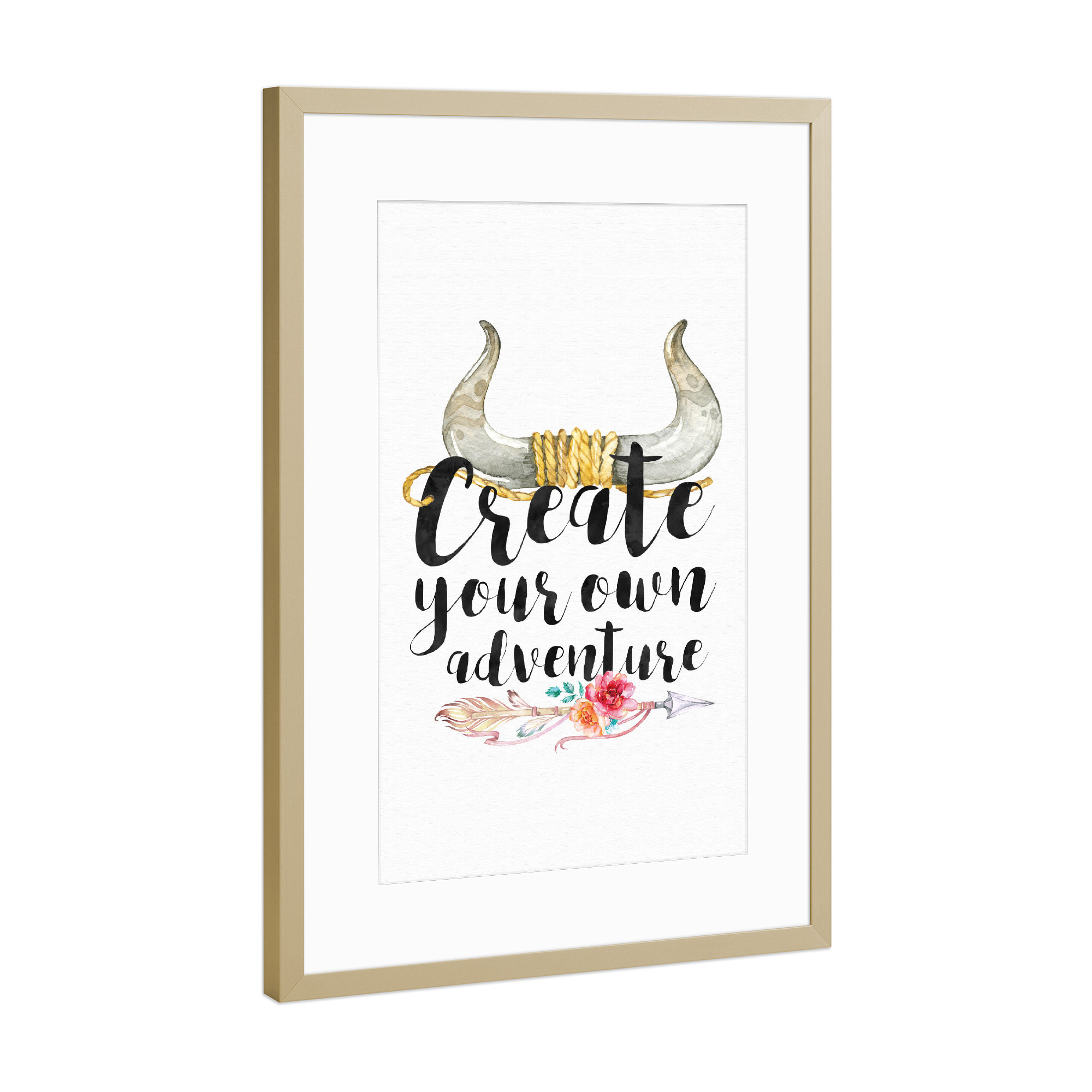Poster mit Rahmen Gold "Create your own adventure" artboxONE - Typografie - Blumen,Abenteuer,Reise,Böhmisch