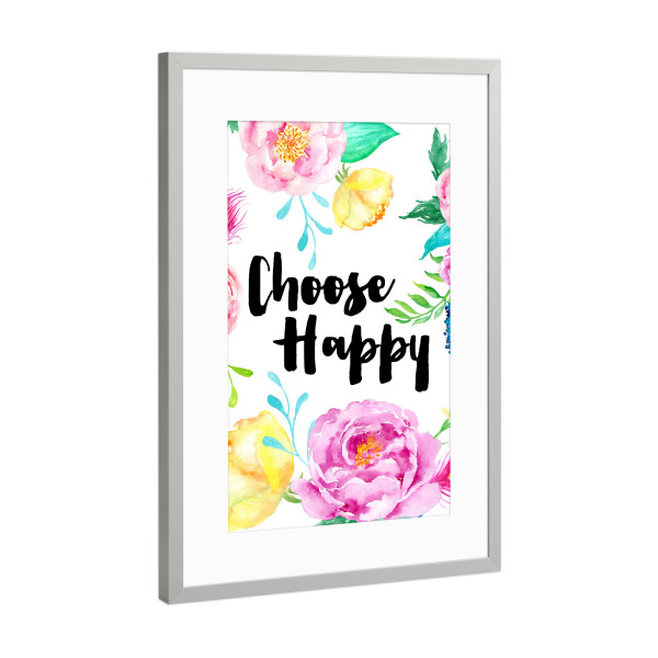 Poster mit Rahmen Silber "Choose Happy" artboxONE - Typografie,Floral - Floral,Heiter,Glücklich,Motivierend