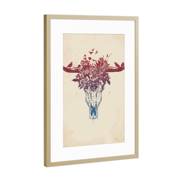 Poster mit Rahmen Gold "Dead summer" artboxONE - Natur,Tiere - Bull,Skull,Floral,Flowers,Nature,Drawing,Ink,Tattoo,Summer,Spring