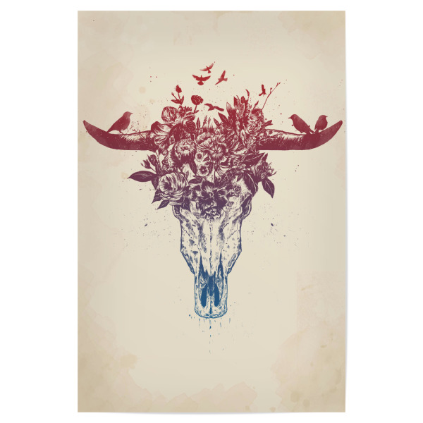 Poster 30x20 cm "Dead summer" artboxONE - Natur,Tiere - Bull,Skull,Floral,Flowers,Nature,Drawing,Ink,Tattoo,Summer,Spring