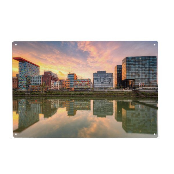Holzbild "Düsseldorf Spiegelung Medienhafen" artboxONE - Reise,Architektur,Städte / Düsseldorf