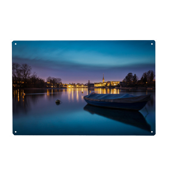 Metall Poster "Stein am Rhein" artboxONE - Städte - Rhein,Stein,Fluss,Boot,Schweiz - Blechschild