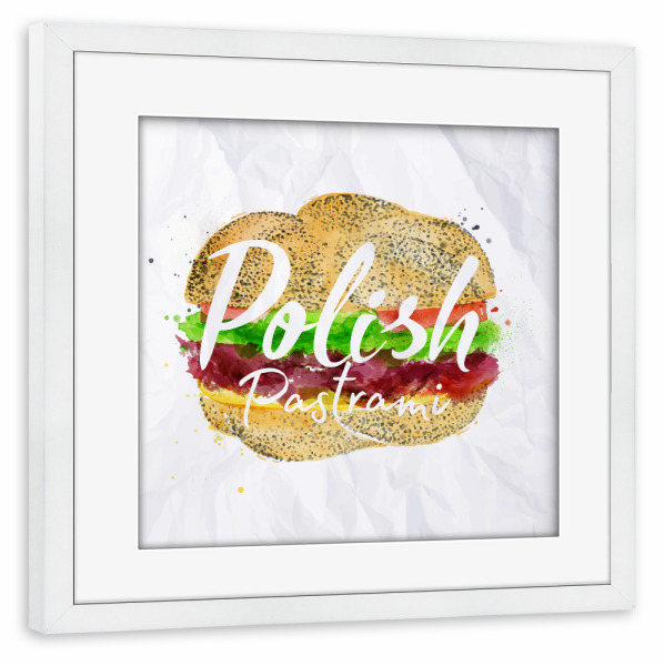 Poster mit Rahmen weiß "Polish pastrami burger" artboxONE - Essen & Trinken