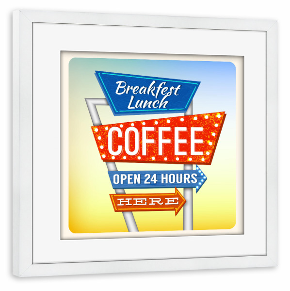 Poster mit Rahmen weiß "Retro Neon Sign Breakfest Coffee" artboxONE - Typografie,Essen & Trinken,Schwarzweiß,Fashion,Festivals