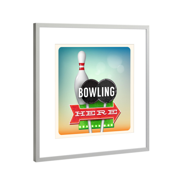 Poster mit Rahmen Silber "Retro Neon Sign Bowling" artboxONE - Typografie,Essen & Trinken,Schwarzweiß,Fashion,Festivals