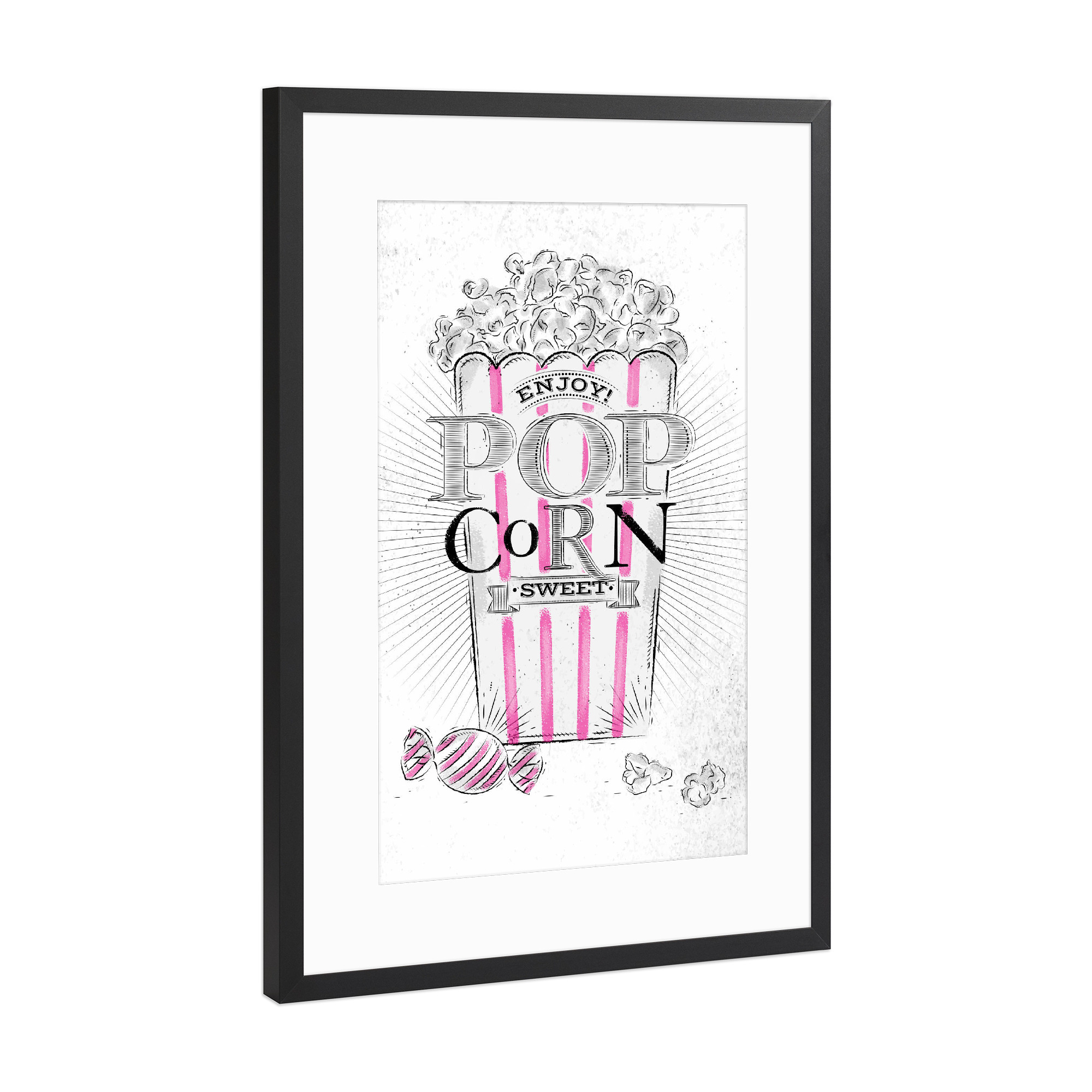 Poster mit Rahmen Schwarz (Metallic) "Popcorn sweet" artboxONE - Essen & Trinken,Schwarzweiß,Fashion,Festivals