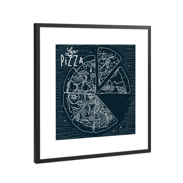 Poster mit Rahmen Schwarz (Metallic) "Love pizza blue" artboxONE - Essen & Trinken,Schwarzweiß