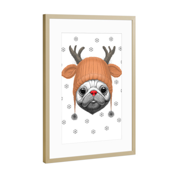 Poster mit Rahmen Gold "Rudolph pug" artboxONE - Natur,Tiere,Schwarzweiß,Weihnachten,Lustig - Pug,Hund,Tier,Winter,Schnee,Weihnachten,Weihnachten