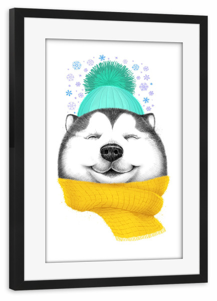 Poster mit Rahmen schwarz "X-mas husky" artboxONE - Natur,Tiere,Schwarzweiß,Weihnachten,Lustig - Hund,Husky,Winter,Tier,Xmas,Weihnachten