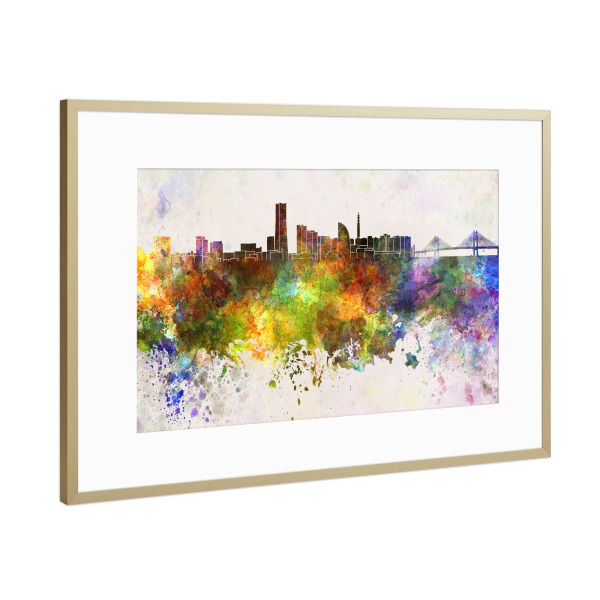 Poster mit Rahmen Gold "Yokohama skyline in watercolor" artboxONE - Städte,Reise,Abstrakt,Architektur
