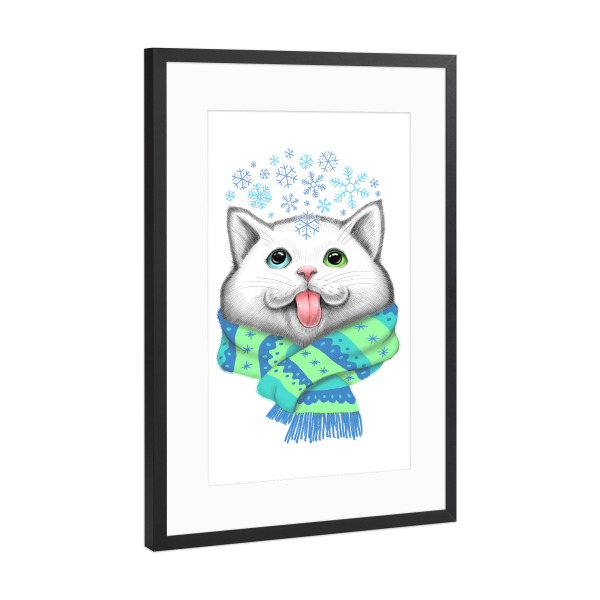 Poster mit Rahmen Schwarz (Metallic) "Winter cat" artboxONE - Natur,Tiere,Schwarzweiß,Weihnachten,Lustig