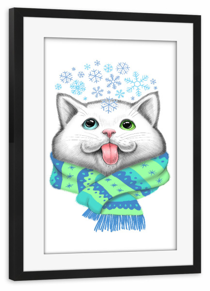 Poster mit Rahmen schwarz "Winter cat" artboxONE - Natur,Tiere,Schwarzweiß,Weihnachten,Lustig