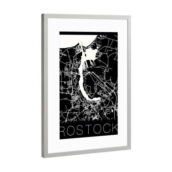 Poster mit Rahmen Silber "Retro Map of Rostock Germany 4" artboxONE - Städte,Reise,Schwarzweiß,Städte / Weitere,Kartografie