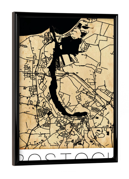 Poster mit schwarzem Rahmen "Retro Map of Rostock Germany 2" artboxONE - Städte,Reise,Schwarzweiß,Städte / Weitere,Kartografie