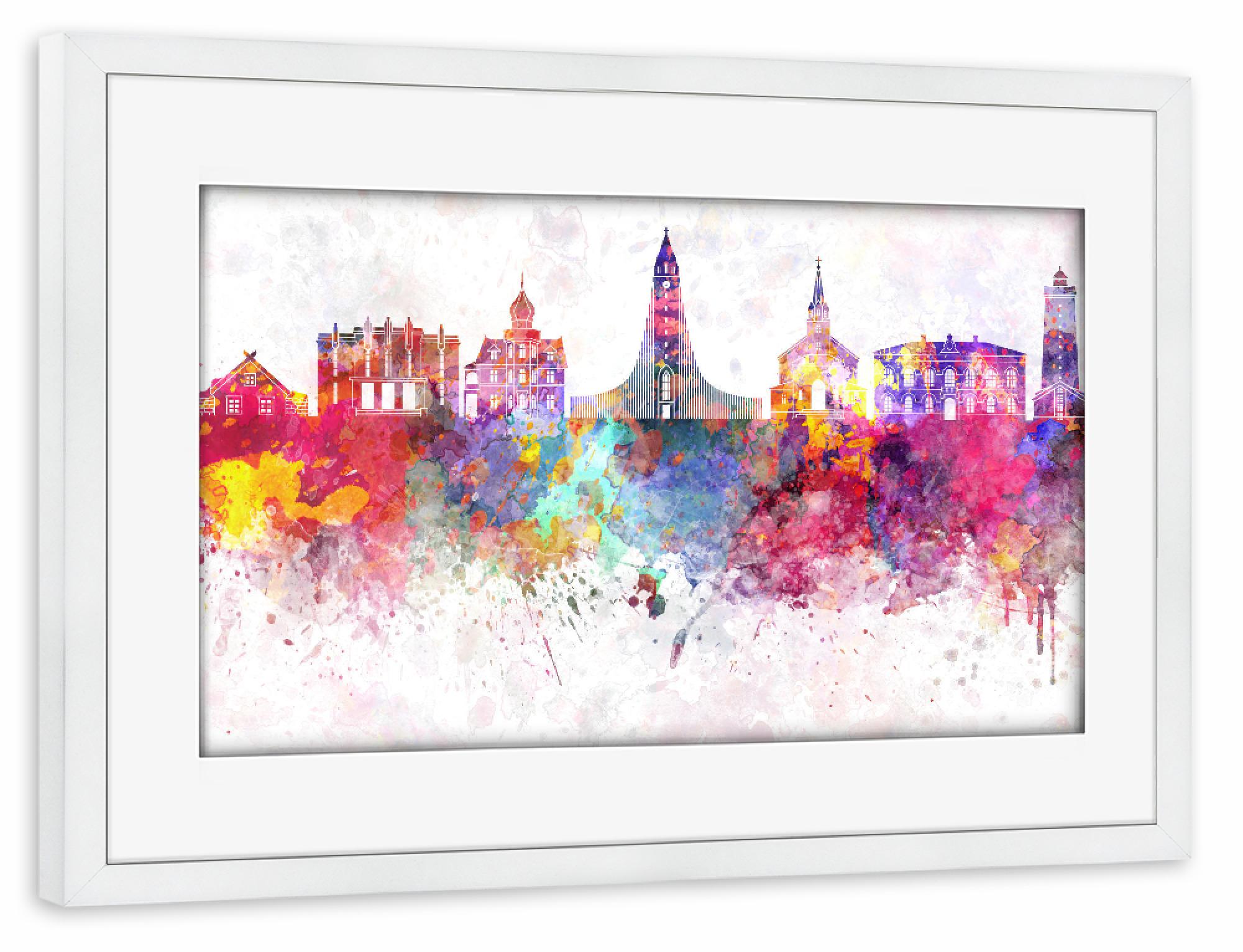 Poster mit Rahmen weiß "Reykjavik skyline in watercolor" artboxONE - Städte,Reise,Abstrakt,Architektur