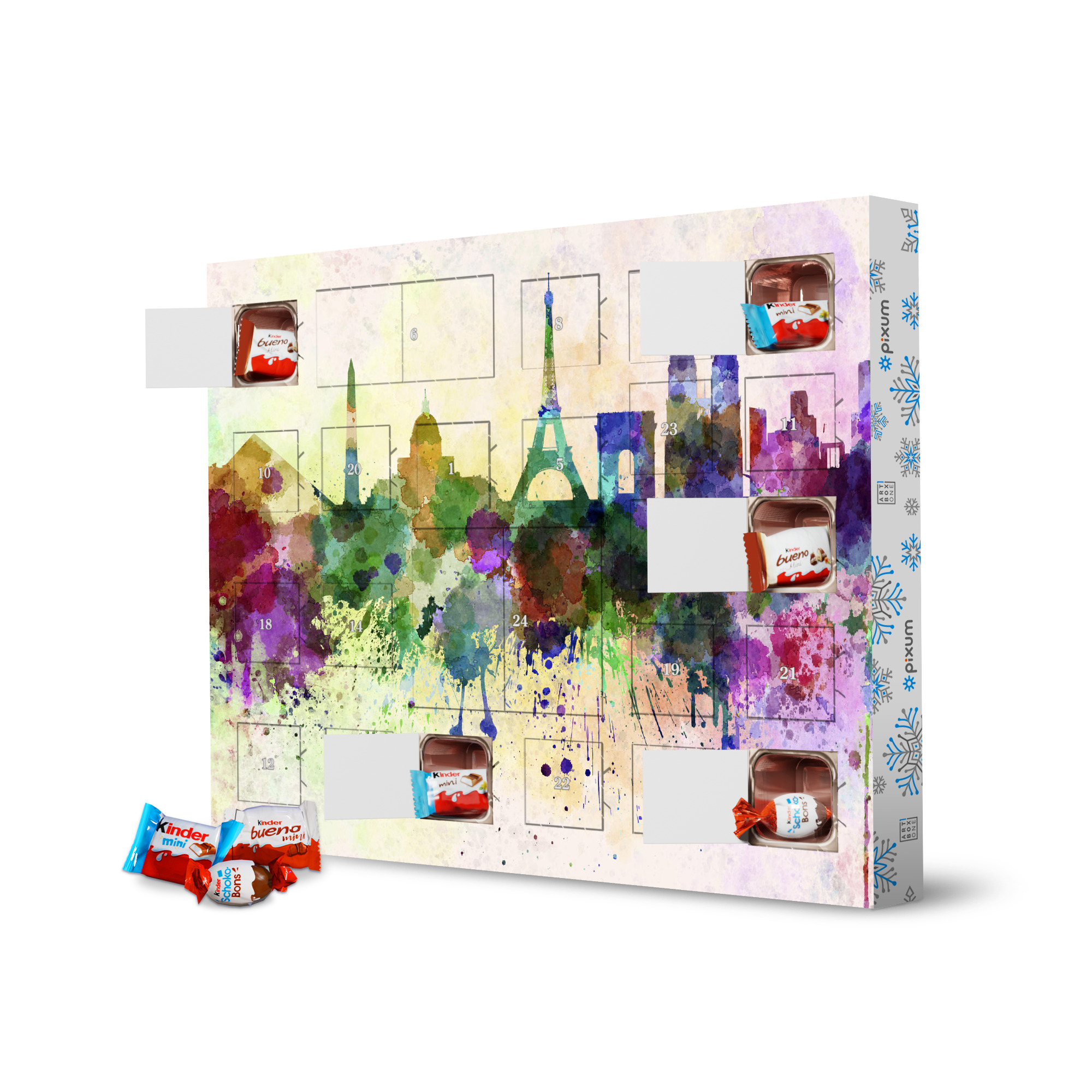 Adventskalender XXL mit Produkten von Kinder Paris skyline in watercolor artboxONE Adventskalender Reise