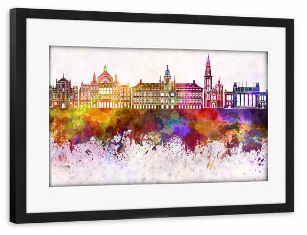 Poster mit Rahmen schwarz "Antwerp skyline in watercolor" artboxONE - Städte,Reise,Abstrakt,Architektur