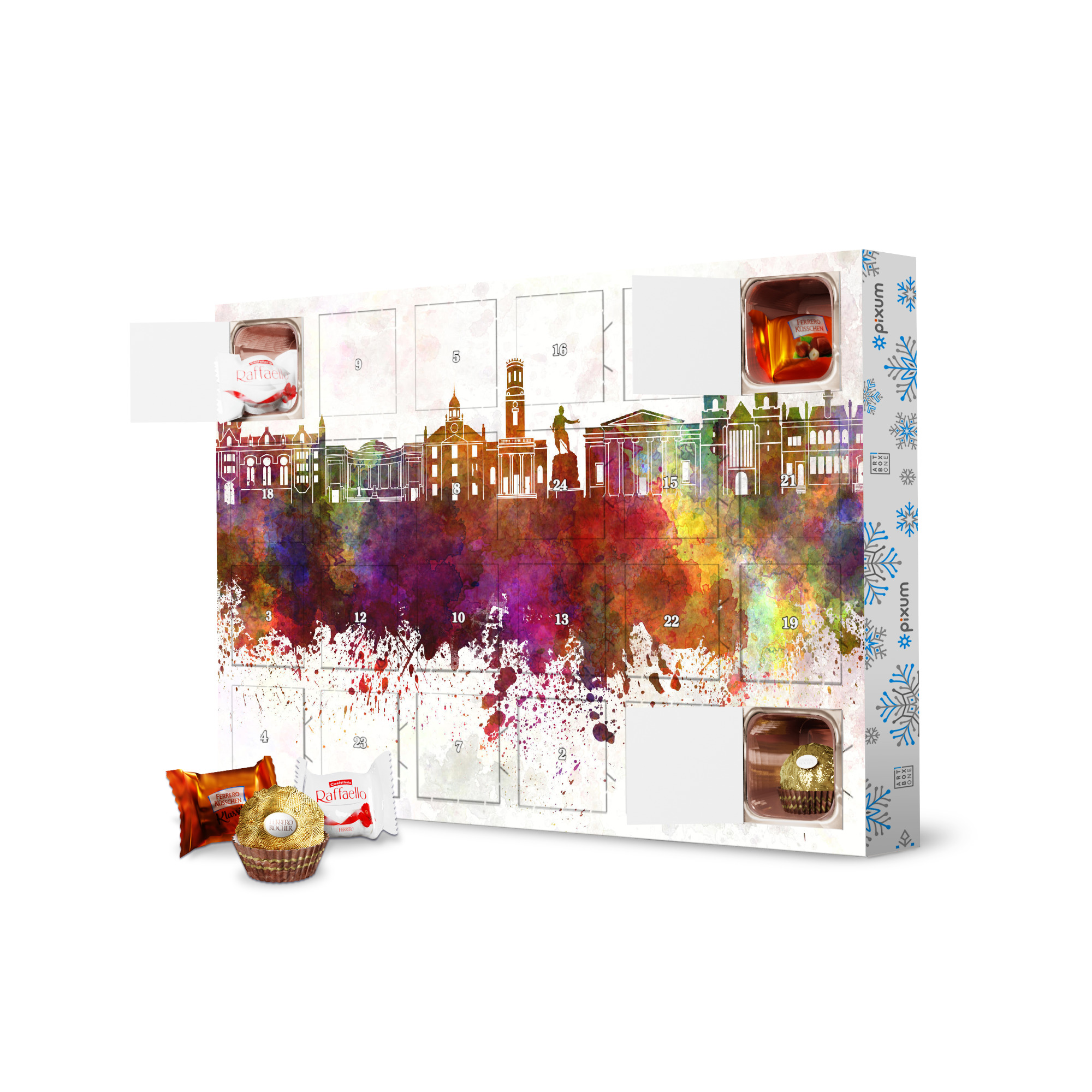 Adventskalender mit Ferrero Pralinen Aberdeen skyline in watercolor artboxONE Adventskalender Städte
