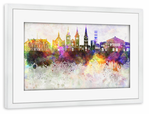 Poster mit Rahmen weiß "Aarhus skyline in watercolor" artboxONE - Reise,Abstrakt,Architektur,Städte / Aarhus