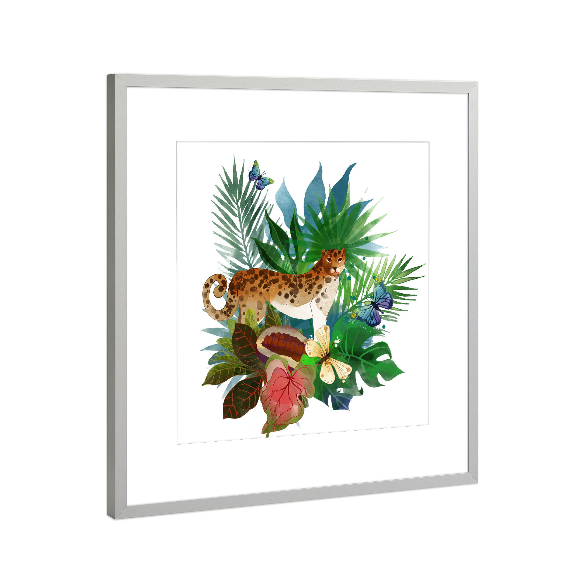 Poster mit Rahmen Silber "Jaguar" artboxONE - Natur,Reise,Floral,Tiere - Jaguar,Illustration,Watercolor,Tropic,Plants