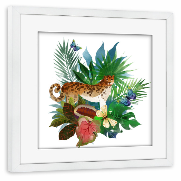 Poster mit Rahmen weiß "Jaguar" artboxONE - Natur,Reise,Floral,Tiere - Jaguar,Illustration,Watercolor,Tropic,Plants