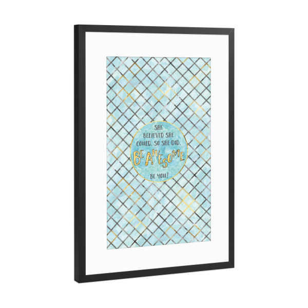 Poster mit Rahmen Schwarz (Metallic) "Text Art SHE BELIEVED | cyan" artboxONE - Typografie,Abstrakt,Geometrie