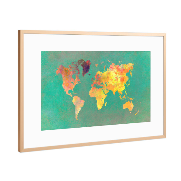 Poster mit Rahmen Kupfer "World map 46 yellow" artboxONE - Reise,Kartografie
