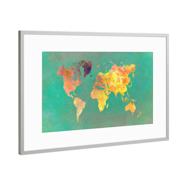 Poster mit Rahmen Silber "World map 46 yellow" artboxONE - Reise,Kartografie