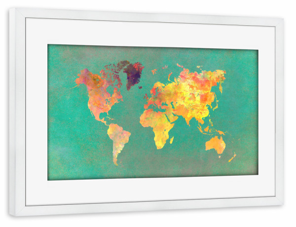 Poster mit Rahmen weiß "World map 46 yellow" artboxONE - Reise,Kartografie