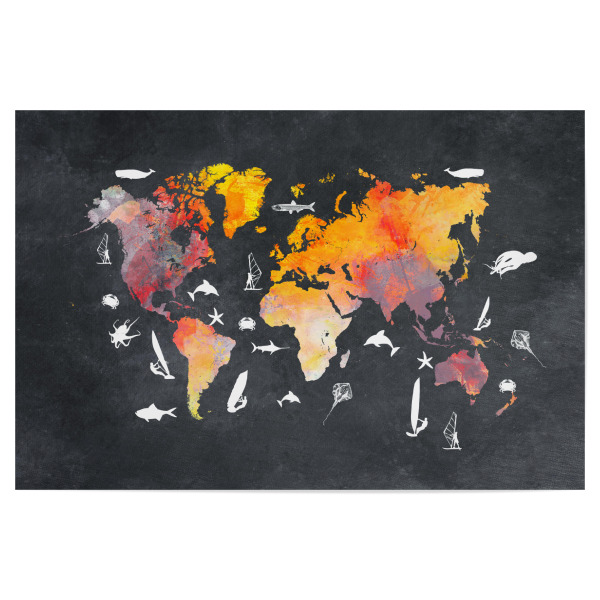 Poster 30x20 cm "World map 44 surf and fish" artboxONE - Reise,Schwarzweiß,Kartografie